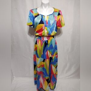 Tahari ASL Large Blue Magenta Satin Maxi Dress Smocked Waist Flowy Boho Chic